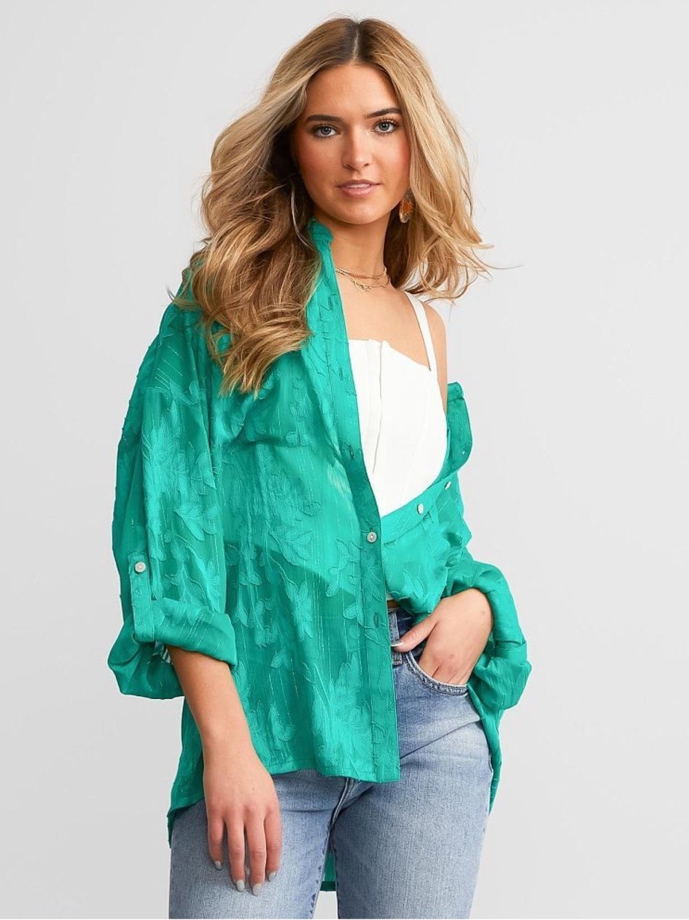 Anthropologie Willow+Root Metallic Green Floral button down shirt blouse
